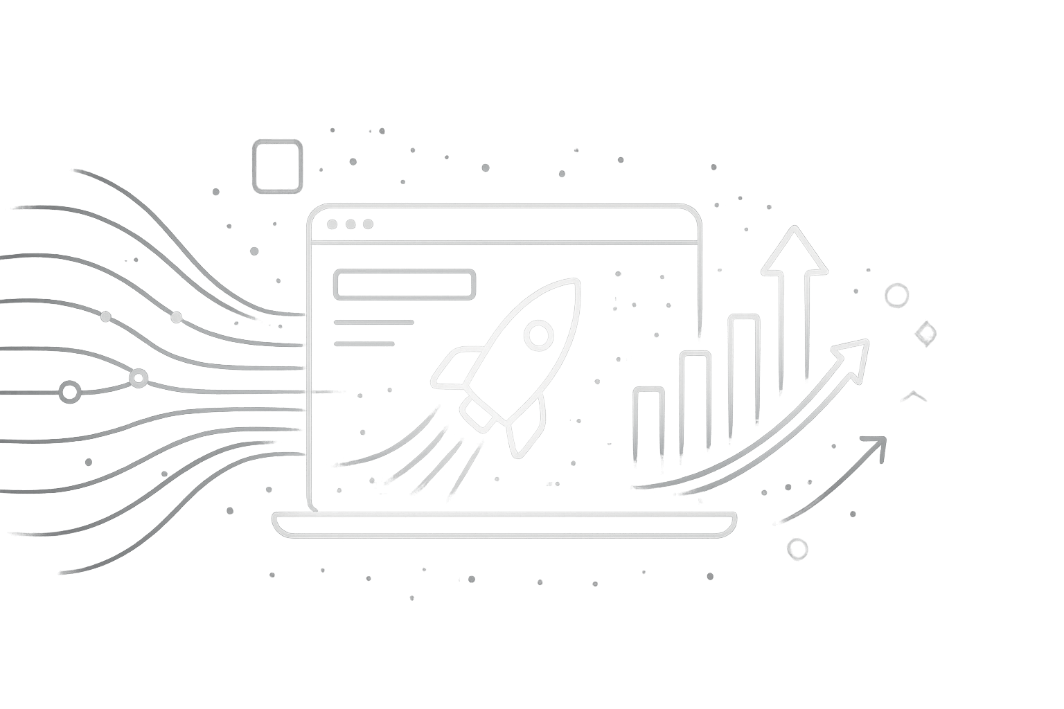 Illustration of a laptop with a launching rocket and upward growth arrows, symbolizing high-performance web design and scalable e-commerce solutions that drive business growth