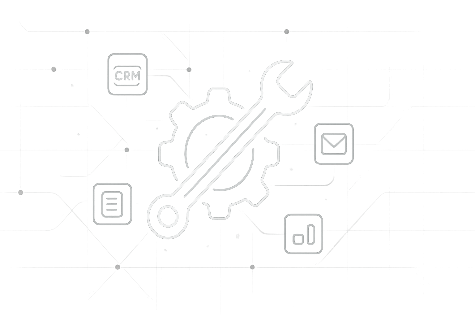 Line-art illustration of a wrench and gear surrounded by CRM, email marketing, and data analytics icons, representing technical tool and platform consulting